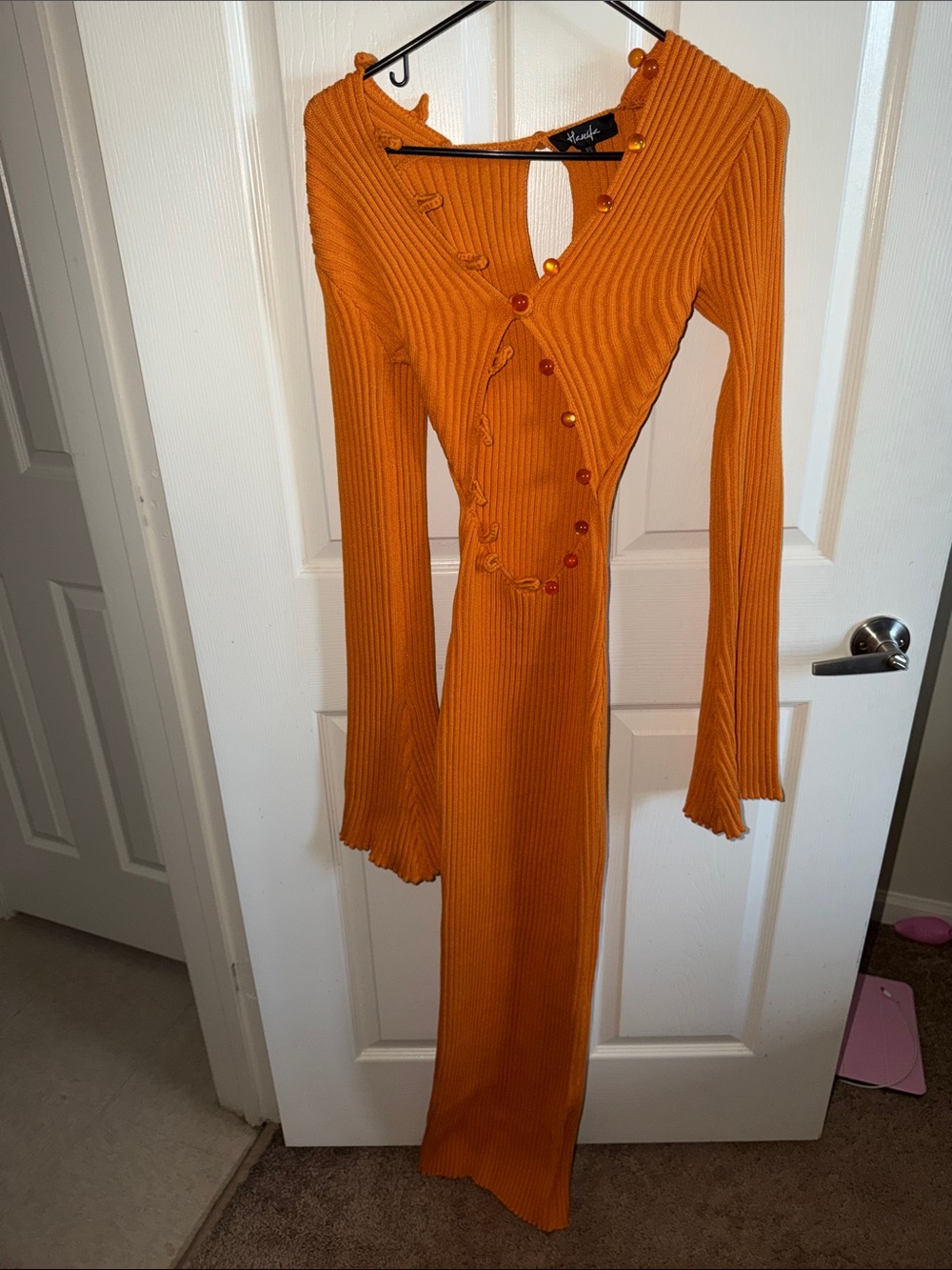Hanifa Orange Ribbed Long-Sleeve Button-Detail Dress